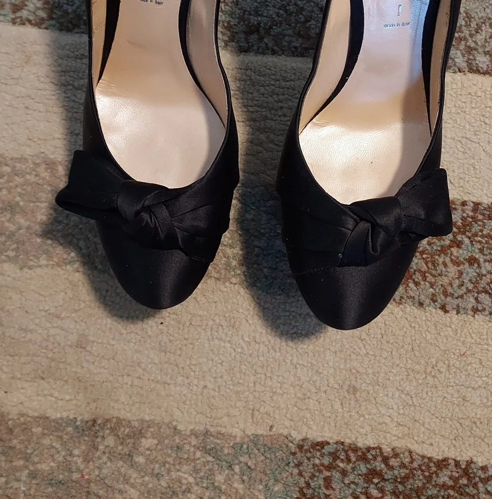 CASADEI Black Satin Platform High Heels With Bow Detailing Sz-10.5